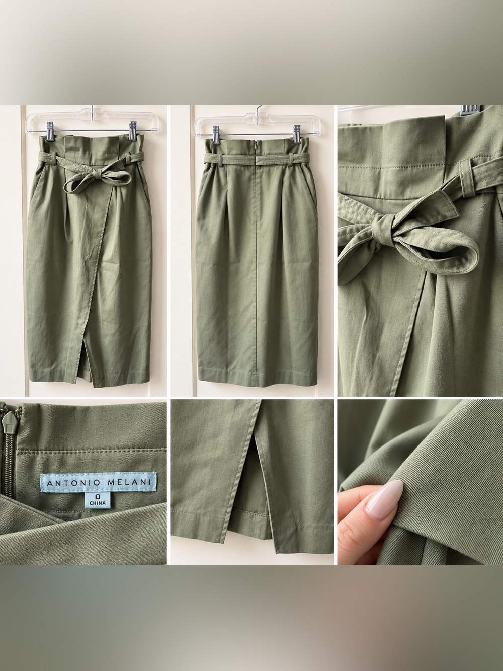 Antonio Melani Sage Green Belted Paperbag Midi Pencil Skirt Size 0